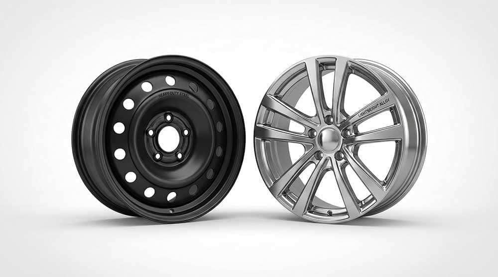 Side-by-side comparison of a steel wheel and an alloy wheel showing design differences