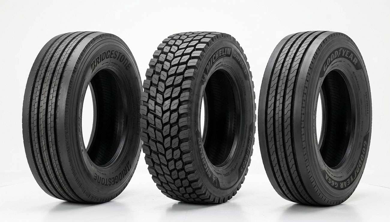 Steer, drive, and trailer commercial truck tires lined up showing different tread patterns