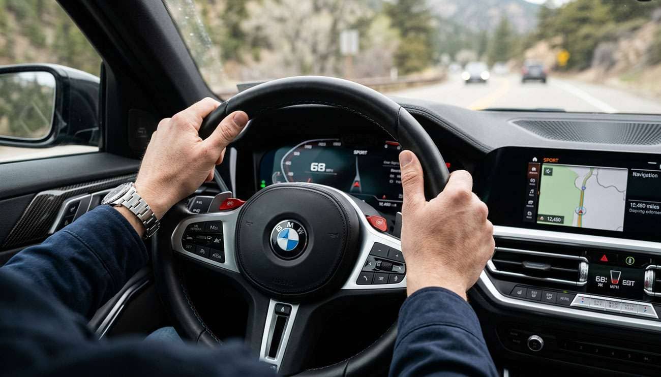 Close-up of hands gripping a steering wheel experiencing vibration while driving