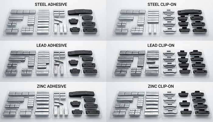 Various types of stick-on and clip-on wheel weights made of steel, lead, and zinc displayed in six sections