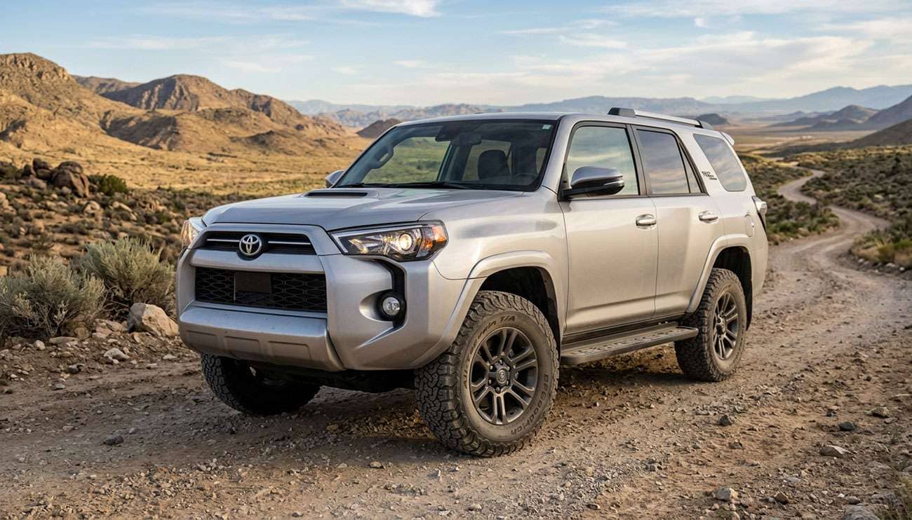Stock-height Toyota 4Runner on 33-inch all-terrain tires on a desert dirt road