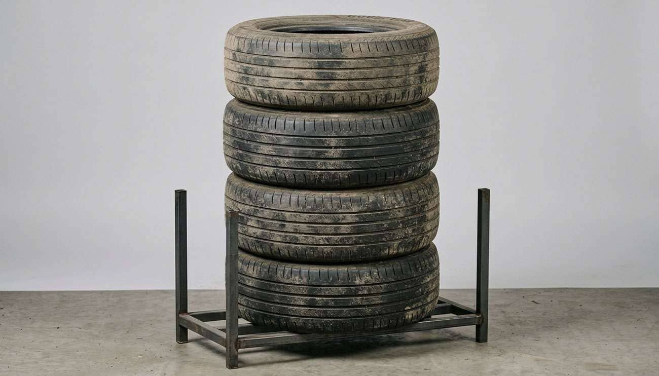 Aged car tires stacked on a garage storage rack showing surface weathering and dust