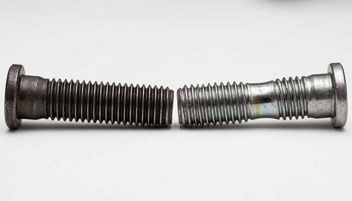 two wheel studs side by side showing one with clean threads and one visibly longer with stretched drawn shiny threads