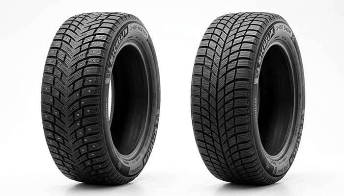 Side-by-side comparison of a studded winter tire tread and a studless winter tire tread
