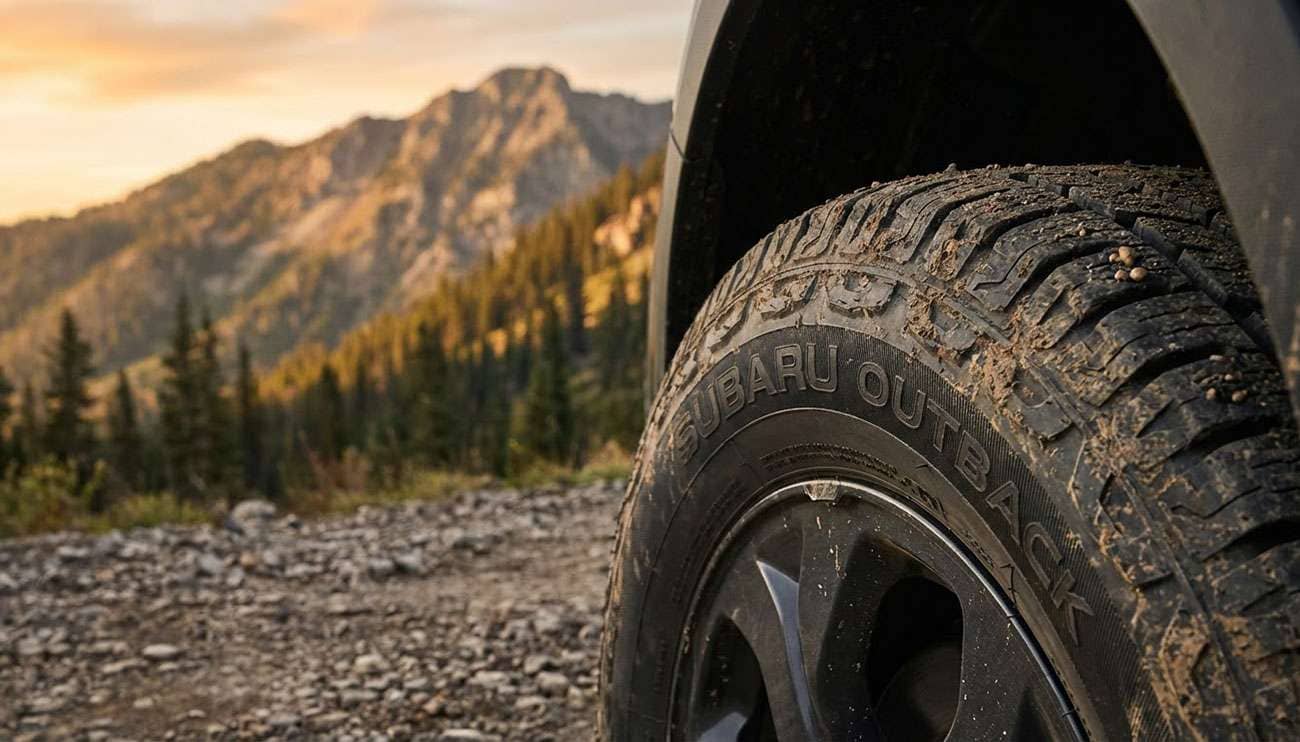 Close-up of a Subaru Outback tire on a gravel road with mountainous forest scenery in the background