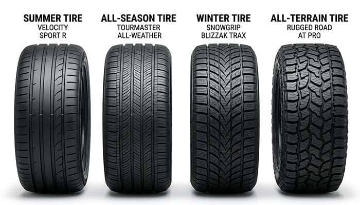 Comparison of summer, all-season, winter, and all-terrain tires highlighting their tread differences.