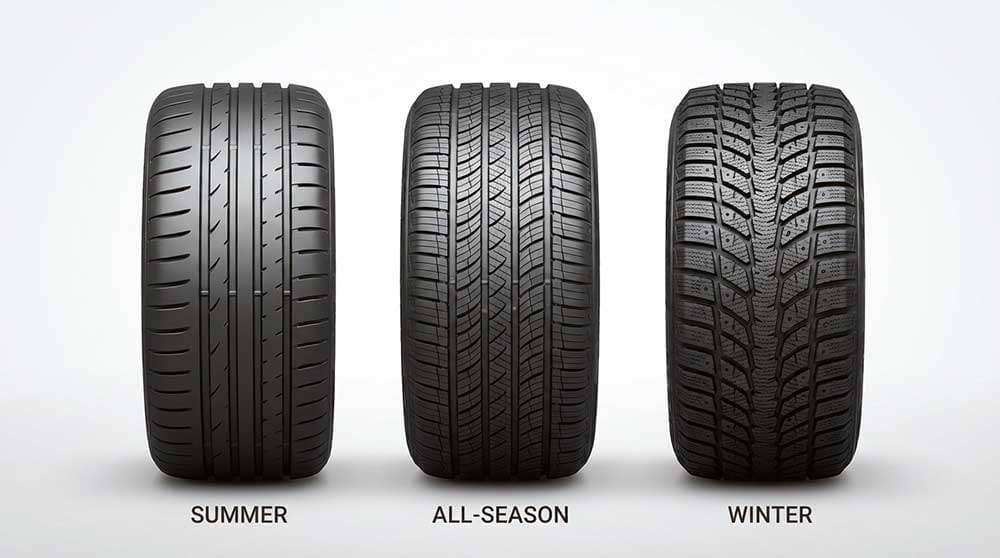 Comparison of summer, all-season, and winter tires highlighting their tread designs and recommended temperatures for optimal driving performance