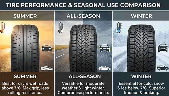 Comparison of summer, all-season, and winter tires showing their tread patterns and seasonal uses