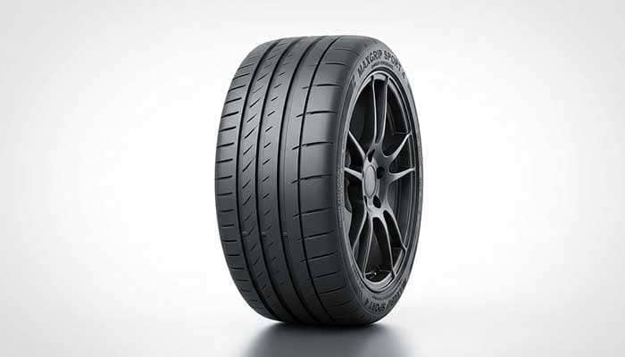 Summer performance tire showing shallow tread grooves and large contact patch