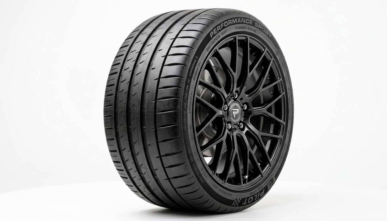Summer performance tire mounted on a sports car wheel showing shallow directional tread and large solid tread blocks