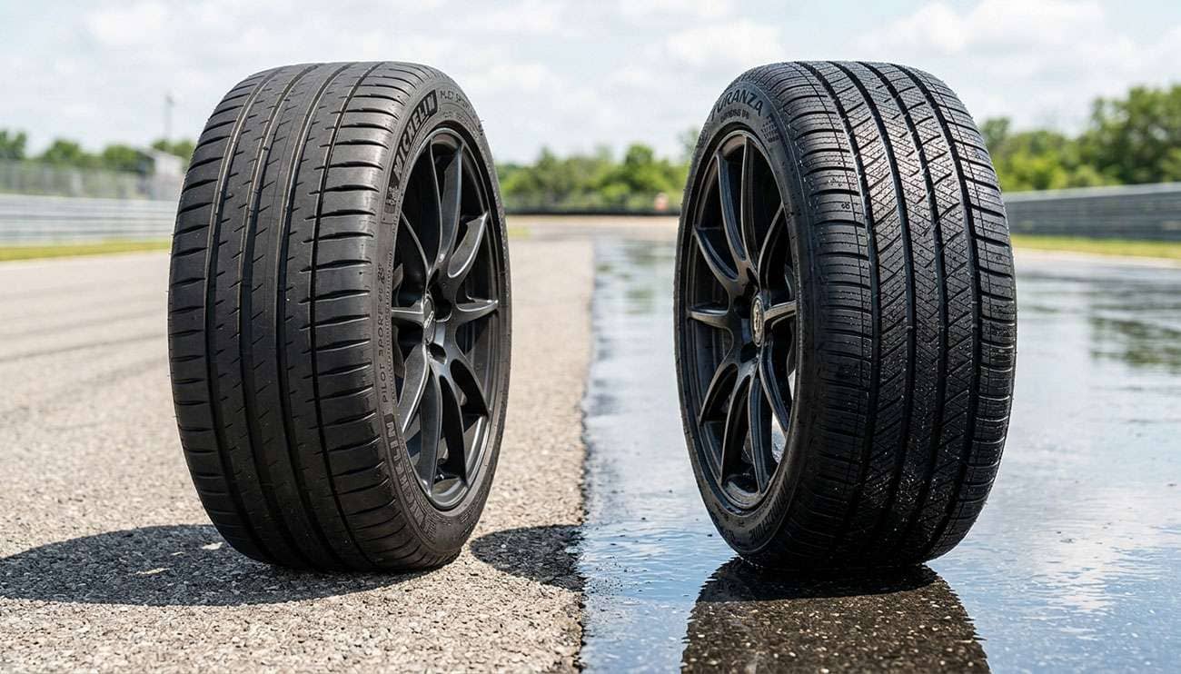 Summer tires vs all season tires side by side comparison on dry and wet pavement