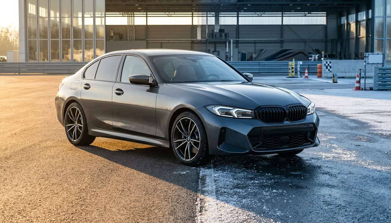 Two performance cars side-by-side on warm asphalt and cold damp pavement representing summer versus all-season tire conditions