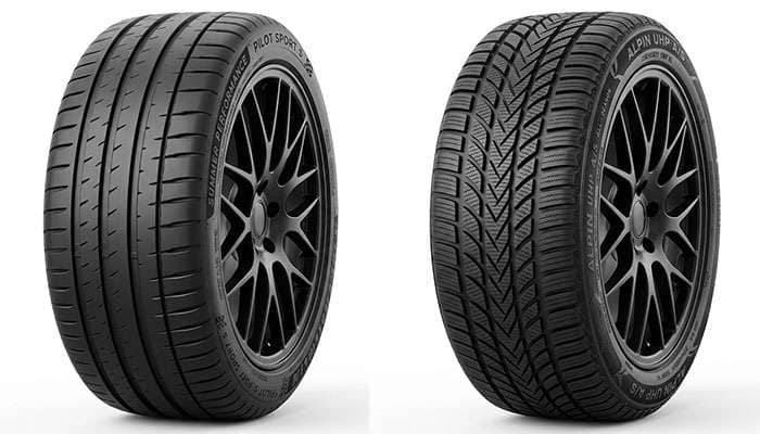 Side-by-side comparison of a dedicated summer performance SUV tire next to an all-season UHP SUV tire showing differences in tread void area and shoulder design