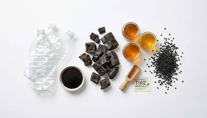 Continental's eco-friendly tires use five sustainable materials including natural rubber, recycled PET, plant oils, carbon black, and recycled rubber