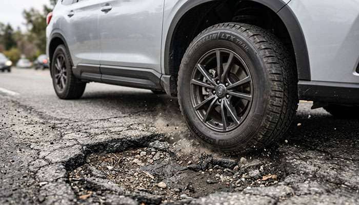 Mid-size SUV tire compressing over a pothole edge on a broken asphalt road, showing sidewall flex absorbing the impact
