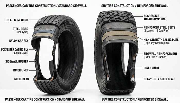 Cross-section comparison showing reinforced sidewall construction in SUV versus passenger car tires