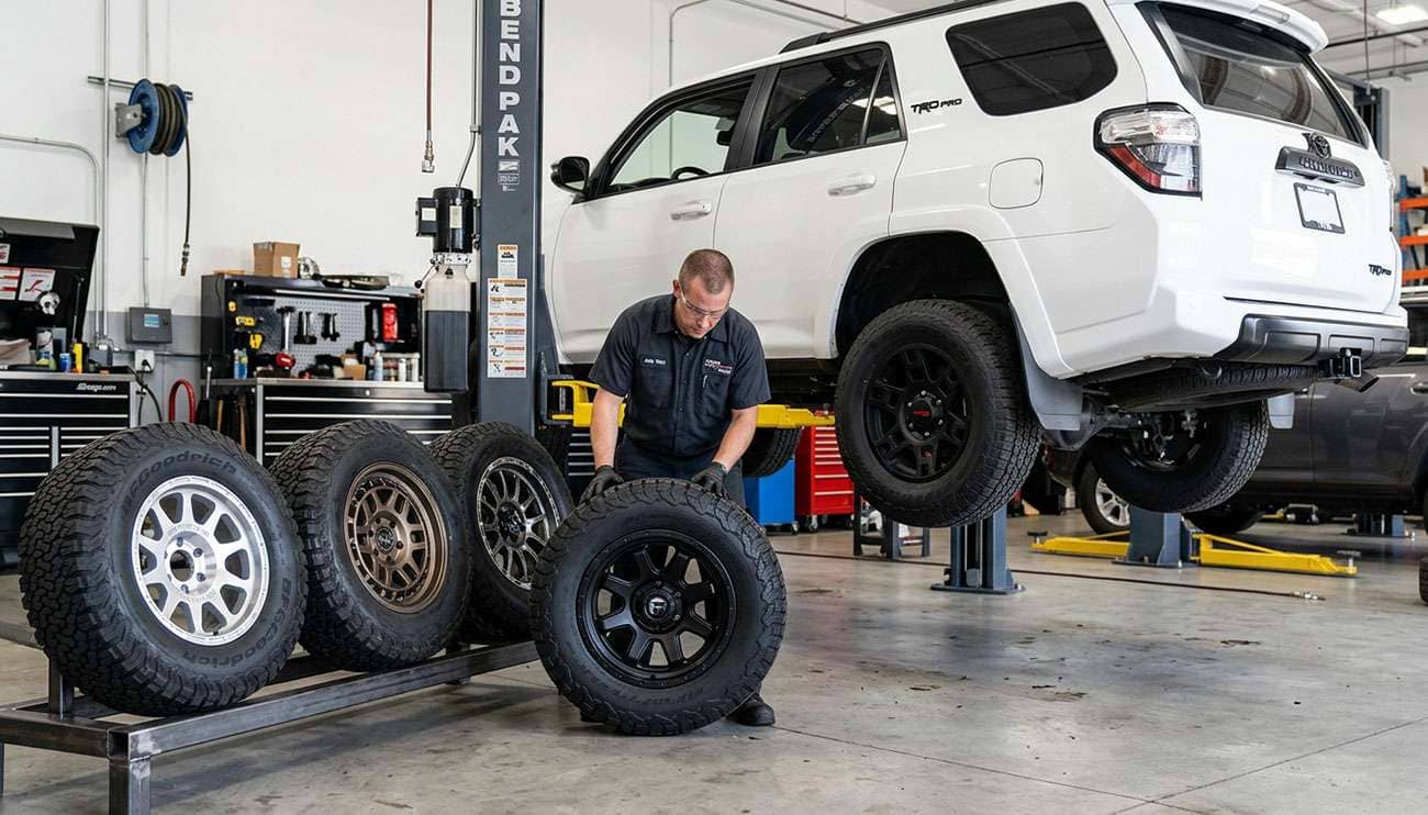 Mechanic examining and comparing different SUV wheels next to a raised white SUV in a bright garage