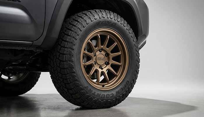 Close-up of 17x9 wheels on a Toyota Tacoma, highlighting the appropriate offset specification for fitment
