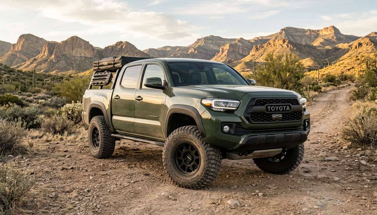 Toyota Tacoma pickup with a front leveling kit on 35-inch mud-terrain tires parked on a desert trail