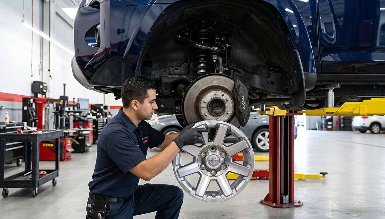 Six-lug Tacoma alloy wheel being test-fitted onto the front hub of a Toyota 4Runner on a lift in a tire shop