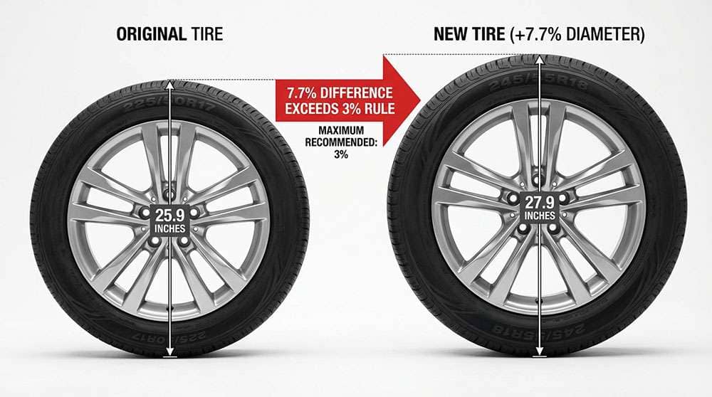 Comparison of original and new tire sizes showing a 7.7% difference that exceeds the 3% tire sizing rule