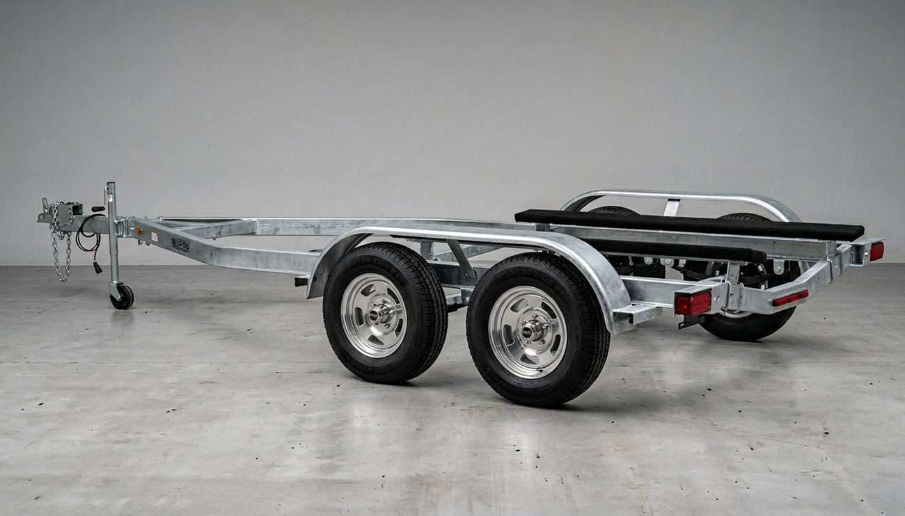 Dual axle trailer shown in three-quarter view with aluminum mod trailer wheels mounted displaying the clean polished finish and classic trailer wheel styling