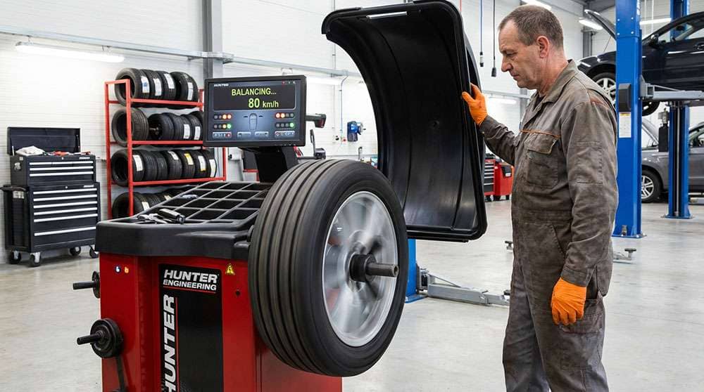 Technician wearing orange gloves balancing a spinning car tire on a red balancing machine in a workshop