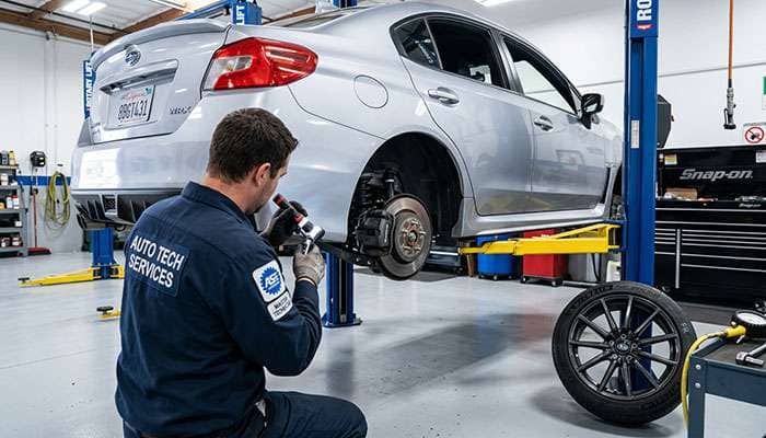 Automotive technician rotating tires and inspecting brake pads during scheduled maintenance service