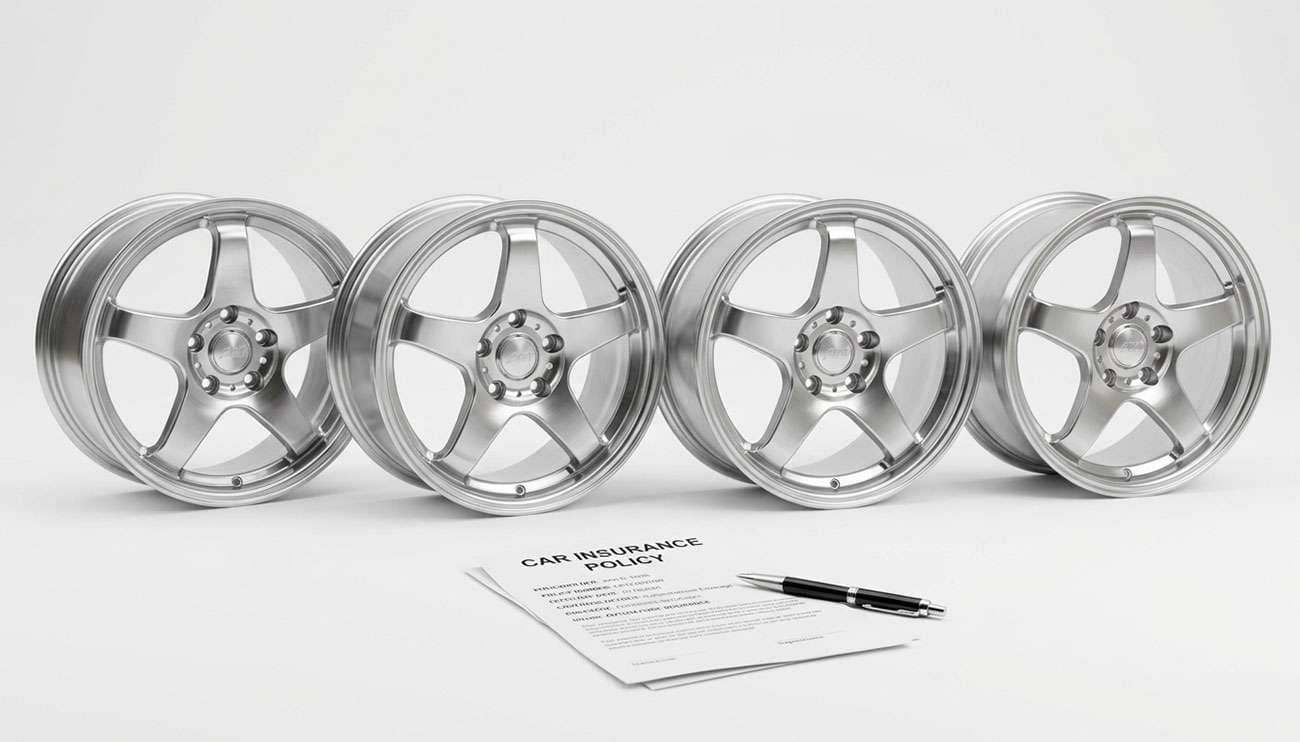 Set of four polished aftermarket alloy wheels arranged beside an insurance policy document on a clean white backdrop