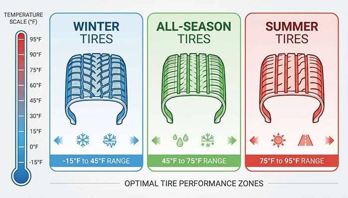Temperature ranges for winter, all-season, and summer tires from -15°F to 95°F shown by Tire Crunch