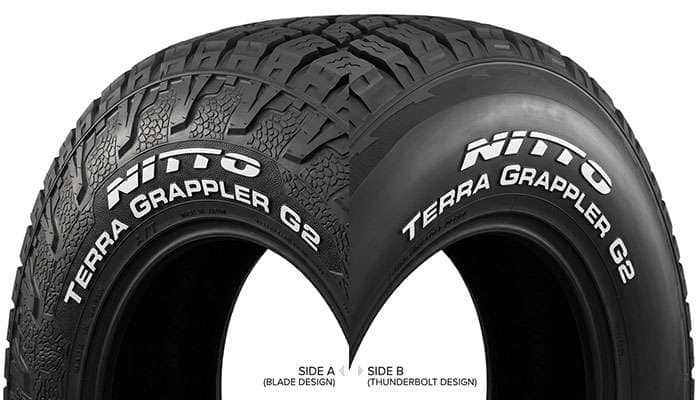 Nitto Terra Grappler G2 reversible sidewall showing the plain and textured design options