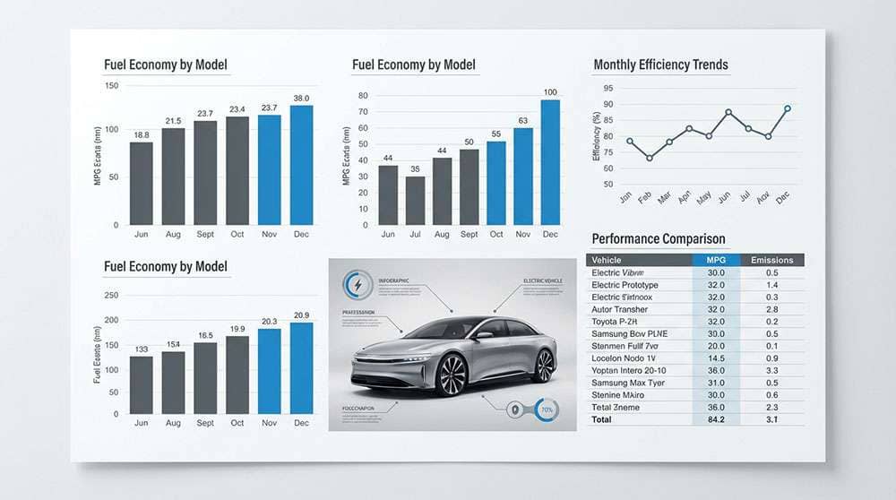 Model 3 Fact-Finding report showcasing an end-to-end efficiency analysis with charts and data visuals