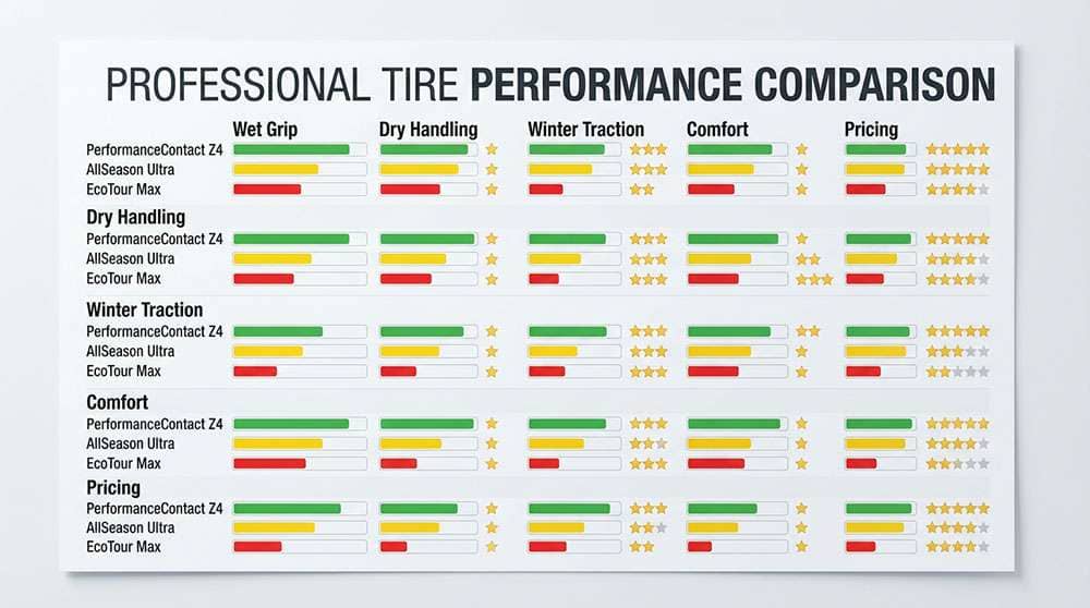 Comparison chart of Model 3 compatible tires ranked by wet, dry, winter, and comfort performance with prices and ratings