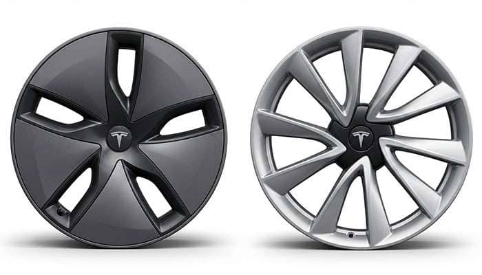 Side-by-side comparison of new Tesla Model 3 wheels with distinct spoke designs and Tesla logos at the center.