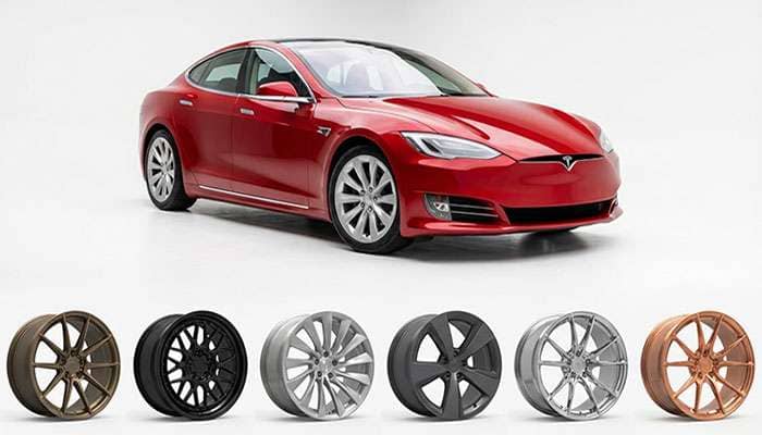Red Tesla Model S with six different styles of aftermarket wheels displayed below and bold text above