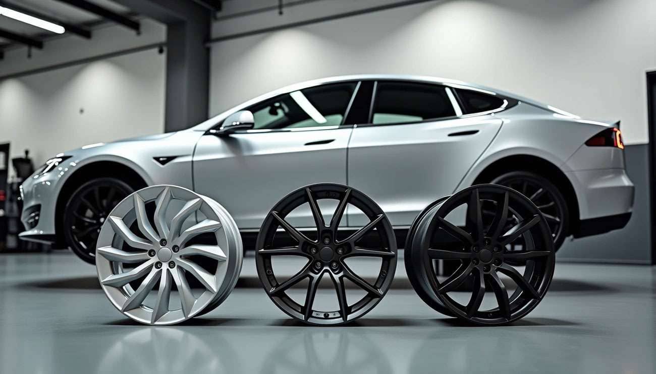 Three aftermarket Tesla Model S wheels displayed in front of a white Tesla Model S inside a garage