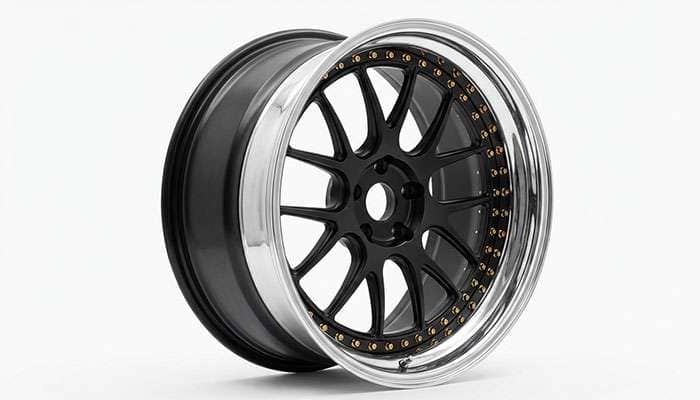 Three-piece forged wheel showing center, inner barrel, and outer barrel assembly