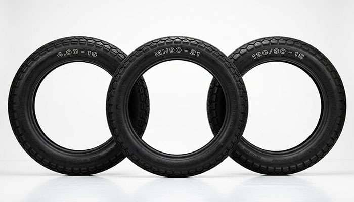 Three vintage motorcycle tires laid out side by side showing inch alpha and metric sidewall markings