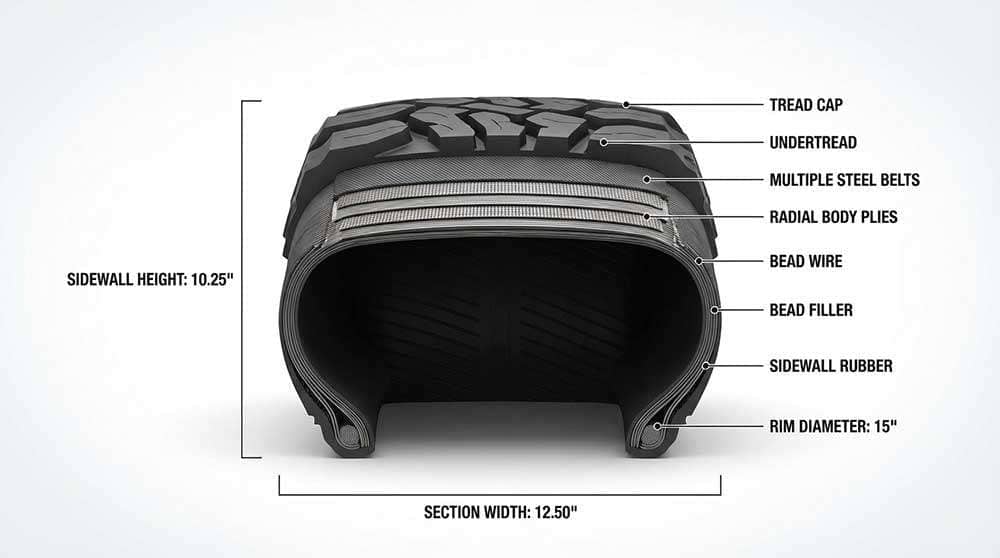 Diagram explaining tire aspect ratio calculation with tire width, height, radial construction, and rim diameter details