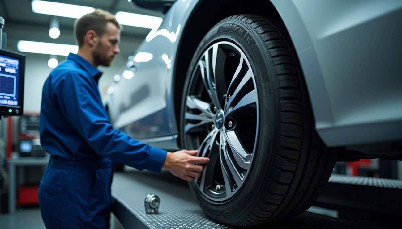 Mechanic inspecting a car tire on a lift in an auto repair shop during a tire balancing service