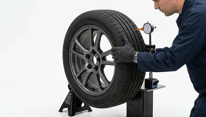 technician spinning a lifted wheel by hand and sighting the tread against a fixed reference point to check for a repeating high spot