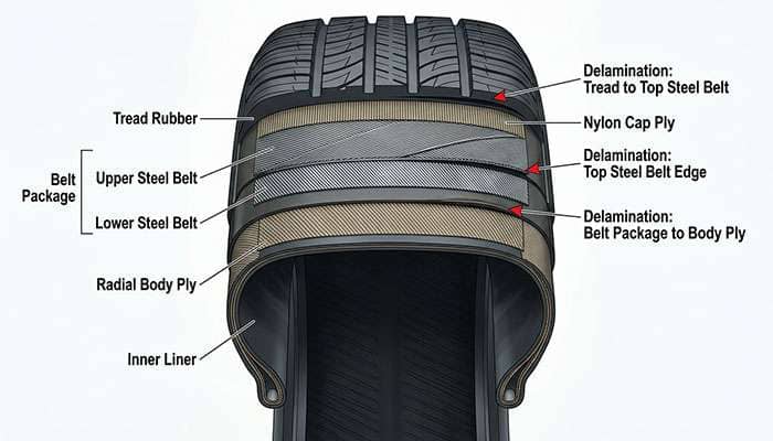 cutaway diagram of a radial tire showing the three separation interfaces: tread to belt, belt to belt at the belt edge, and belt package to body ply