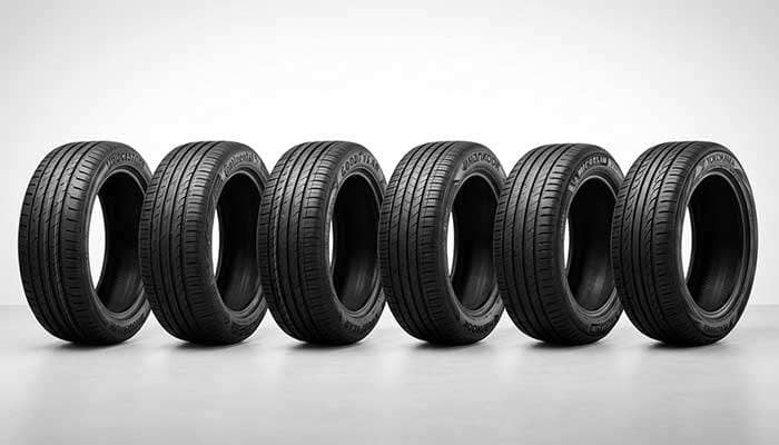 Six tire brands lined up for comparison including Bridgestone Continental Goodyear Hankook Michelin and Yokohama