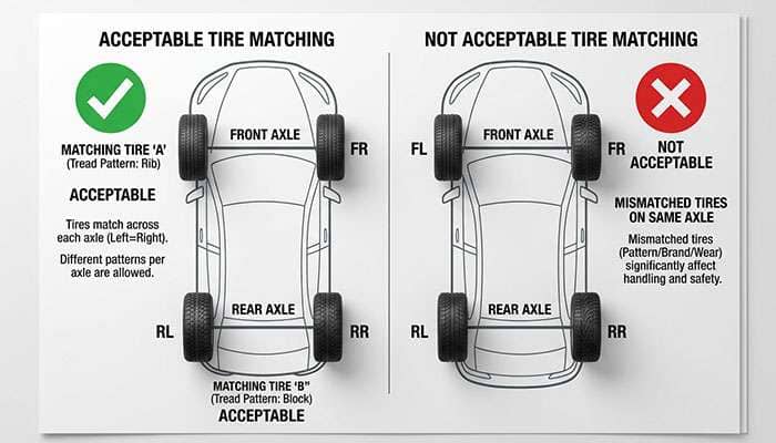 diagram showing acceptable tire brand mixing on front and rear axles versus unacceptable mixing of different brands on the same axle