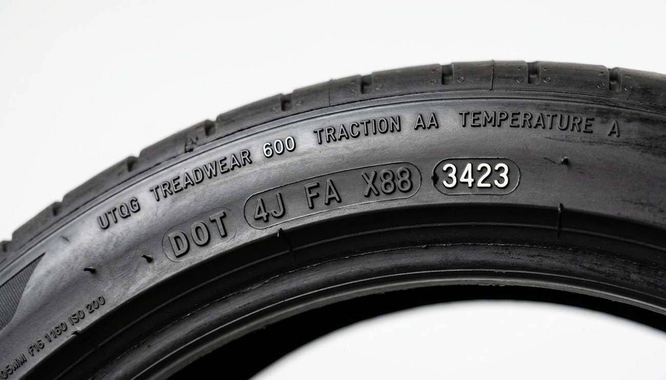 Close-up of a tire sidewall showing the DOT code and UTQG ratings against a clean white studio backdrop