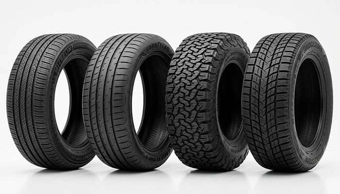 Different tire types displayed side by side showing touring all-season performance and truck tire categories