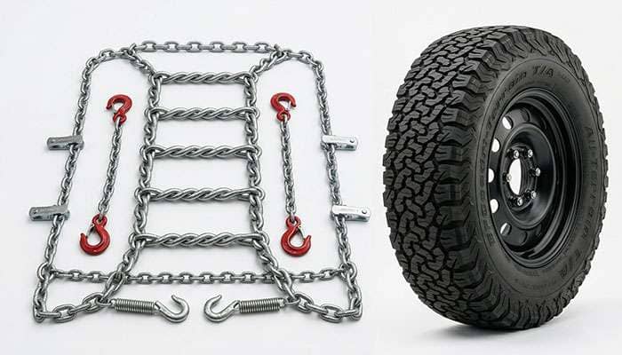 Set of steel tire chains laid beside an all-terrain light truck tire for chain control