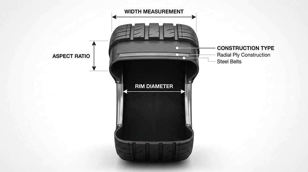 Diagram explaining tire code markings and their meanings showing width, aspect ratio, construction type, and rim diameter