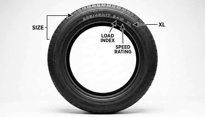Diagram illustrating the meaning of tire code markings on a tire sidewall from Wikipedia