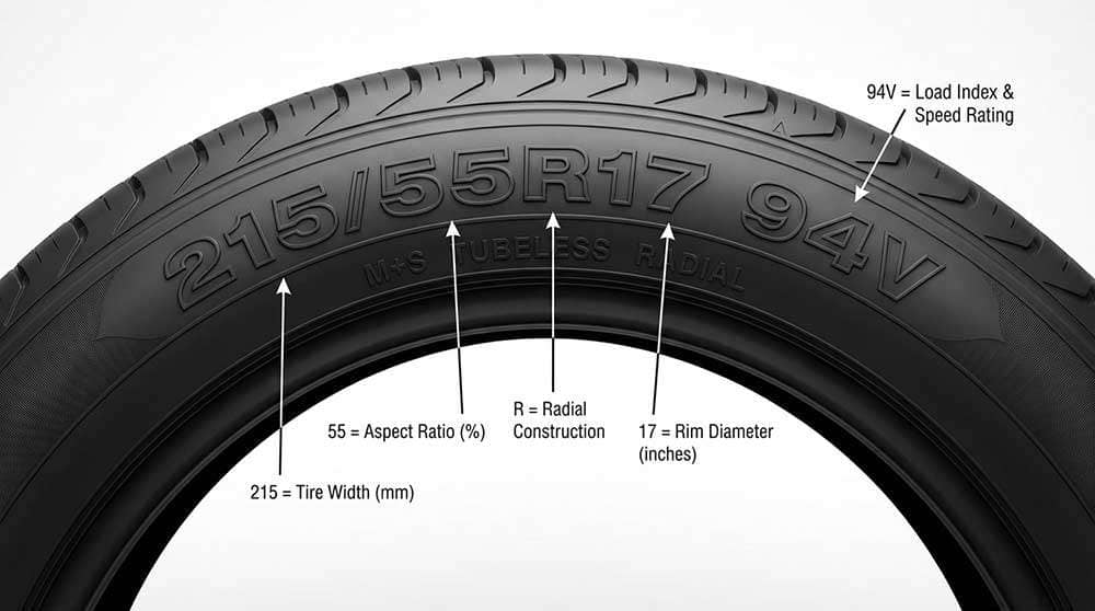 Diagram showing tire sidewall markings and how to read tire specifications